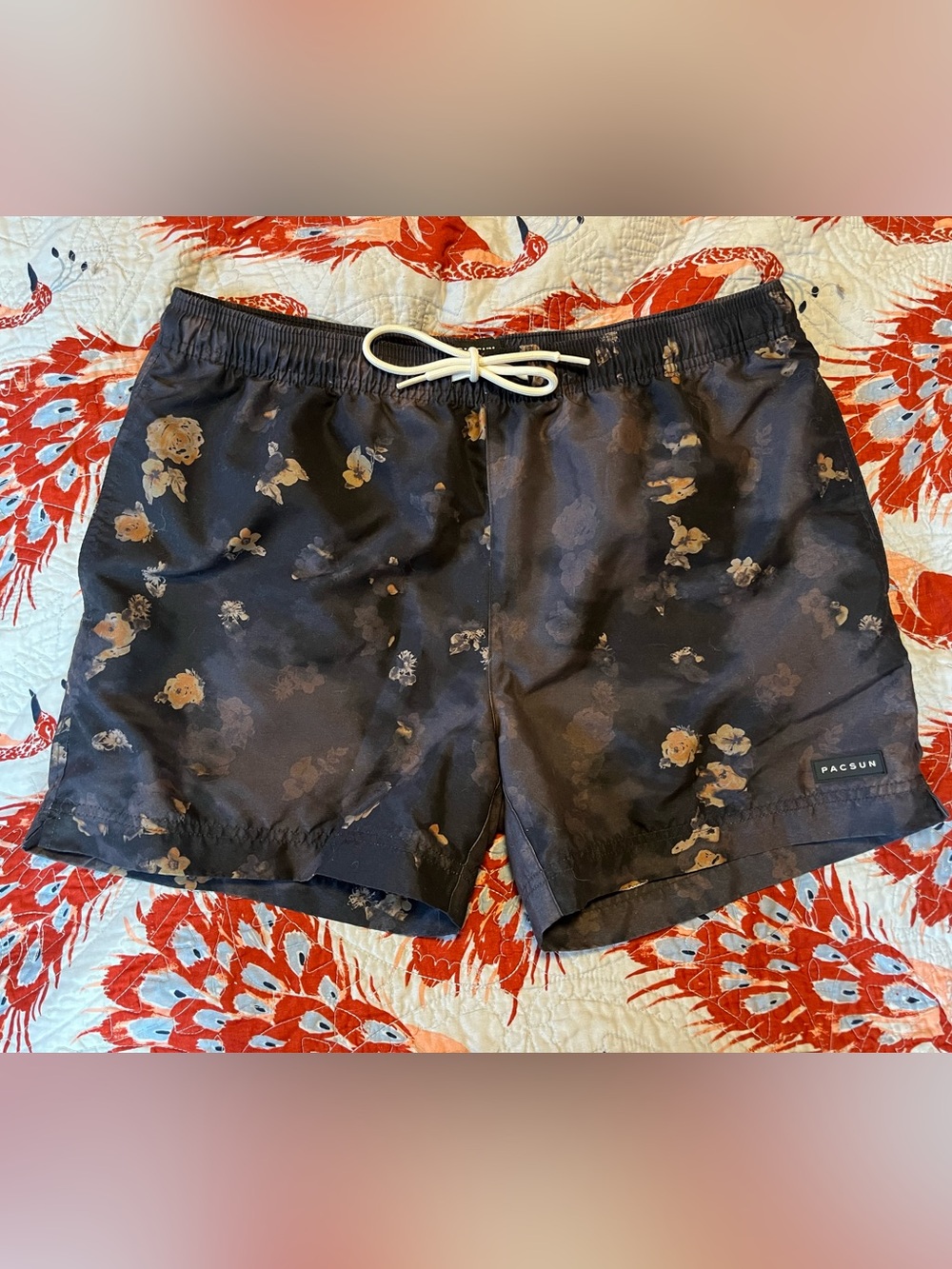 PacSun Dark Floral Swim Trunks with White Drawstring